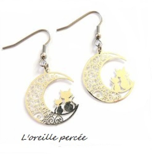 Boucle d'oreille duo de chat sur lune argent