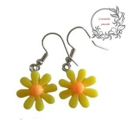Boucle d'oreille fleur jaune coeur orange