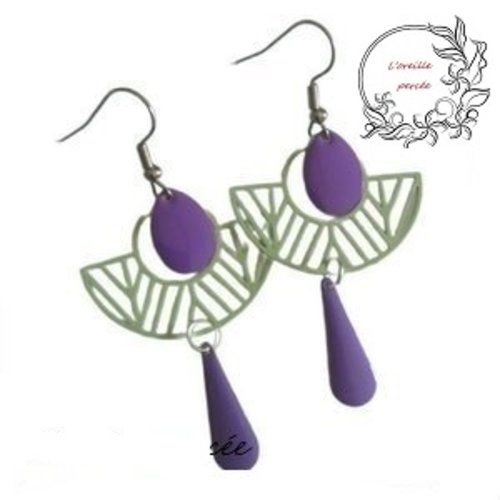 Boucle d'oreille d'estampe et d'émail (vert pomme/lilas)
