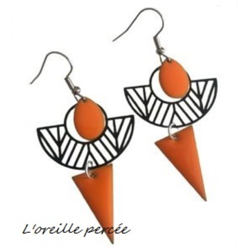 Boucle d'oreille d'estampe et d'émail (noir/orange)