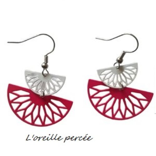 Boucle d'oreille duo d'éventail blanc/fuchsia