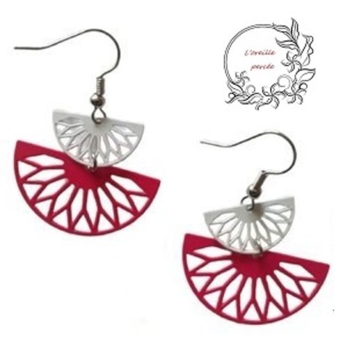 Boucle d'oreille duo d'éventail blanc/fuchsia