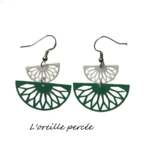 Boucle d'oreille duo d'éventail blanc/vert