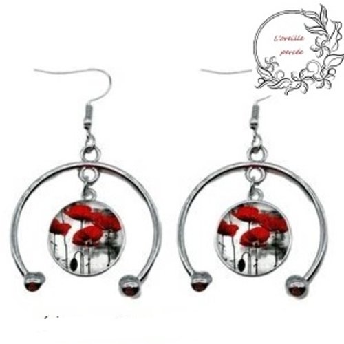 Boucle d'oreille cabochon pavot rouge