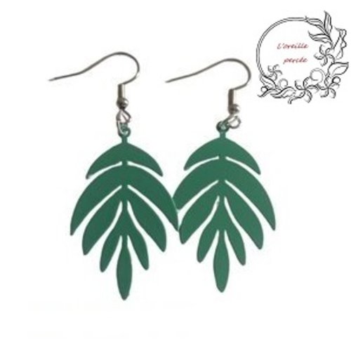 Boucle d'oreille estampe feuille vert paon