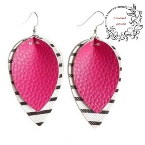 Boucle d'oreille goutte simili cuir fuschia