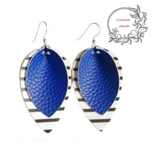 Boucle d'oreille goutte simili cuir bleu roi