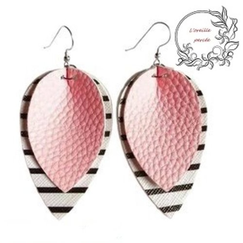 Boucle d'oreille goutte simili cuir rose