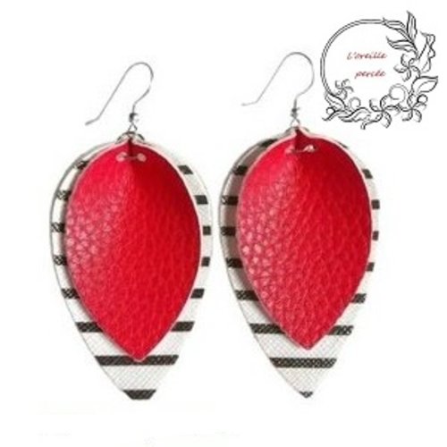 Boucle d'oreille goutte simili cuir rouge