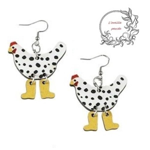 Boucle d'oreille poule à pois en bois