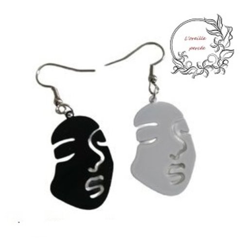 Boucle d'oreille masque visage duo blanc et noir