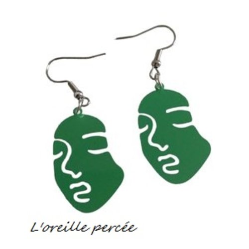 Boucle d'oreille masque visage vert paon