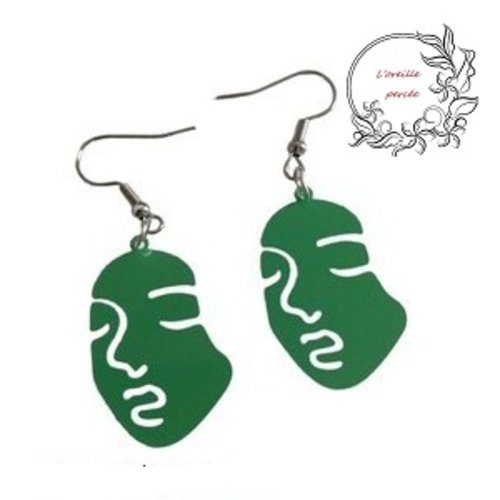 Boucle d'oreille masque visage vert paon