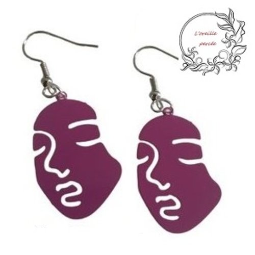 Boucle d'oreille masque visage mauve