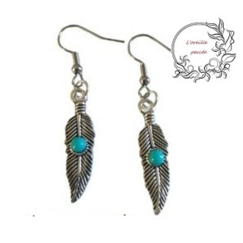 Boucle d'oreille plume cabochon turquoise