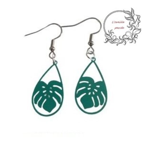 Boucle d'oreille feuille tropicale vert paon