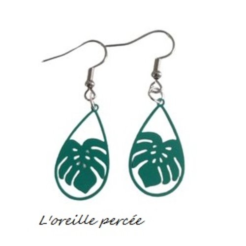 Boucle d'oreille feuille tropicale vert paon