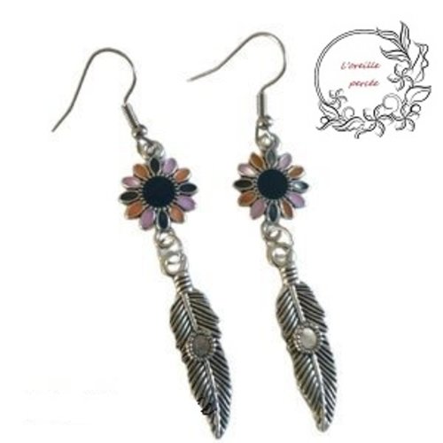 Boucle d'oreille plume et son connecteur fleuri