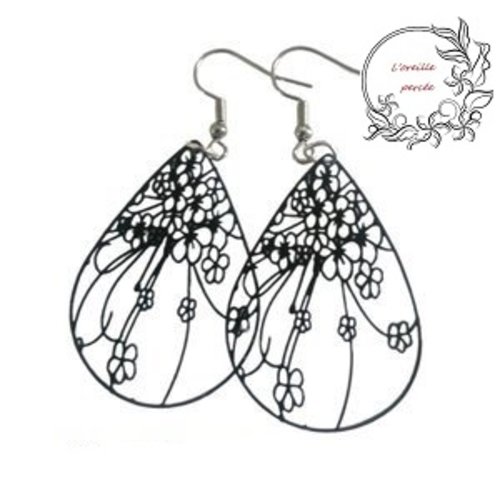 Boucle d'oreille goutte fleurie noire
