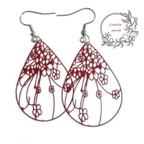 Boucle d'oreille goutte fleurie rouge