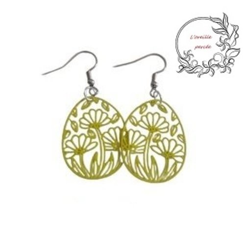 Boucle d'oreille ovale fleurie jaune