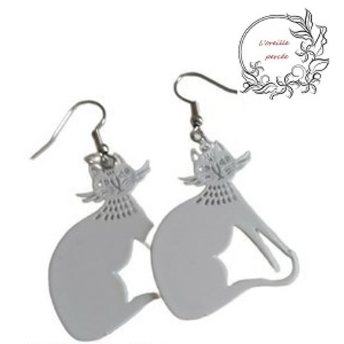 Boucle d'oreille grand chat royal blanc