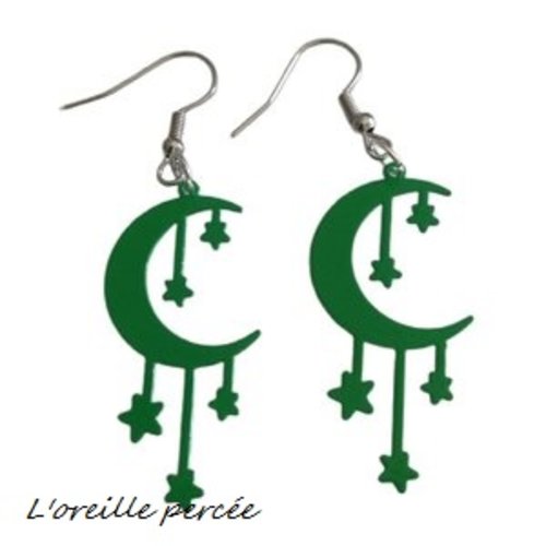 Boucle d'oreille lune et étoiles vert