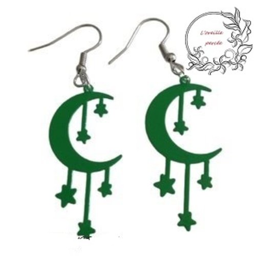 Boucle d'oreille lune et étoiles vertes
