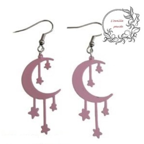 Boucle d'oreille lune et étoiles roses