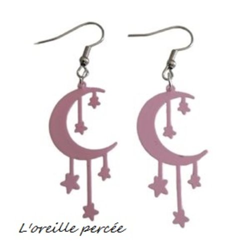 Boucle d'oreille lune et étoiles rose