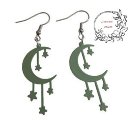 Boucle d'oreille lune et étoiles kakis claires