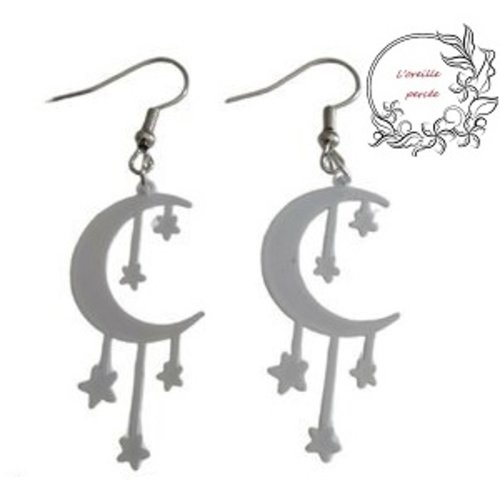 Boucle d'oreille lune et étoiles blanches