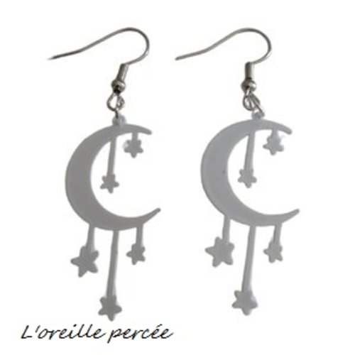 Boucle d'oreille lune et étoiles blanc