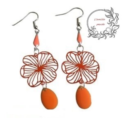 Boucle d'oreille fleur orange et sa pampille