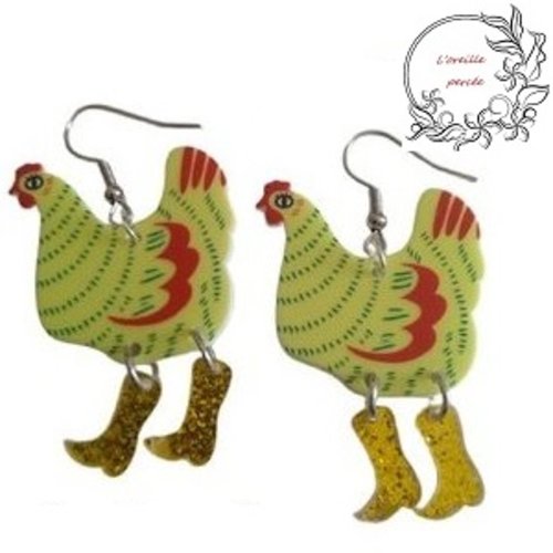 Boucle d'oreille poule jaune et ses bottes jaunes paillettes