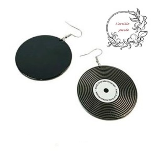 Boucle d'oreille grand vinyle noir