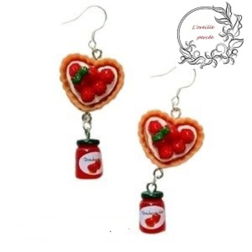 Boucle d'oreille tarte aux fraises et son pot de confiture