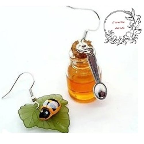 Boucle d'oreille asymétrique pot de miel et son abeille