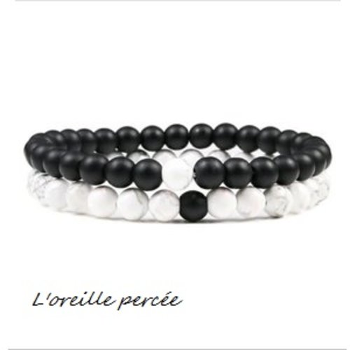 2 bracelets élastiques pierre naturelle noire/blanche
