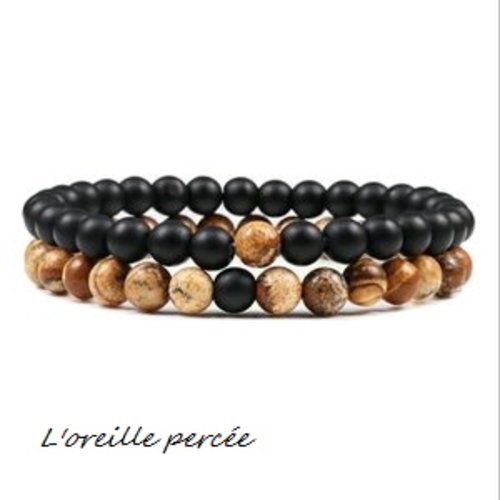 2 bracelets élastiques pierre naturelle noire/marron