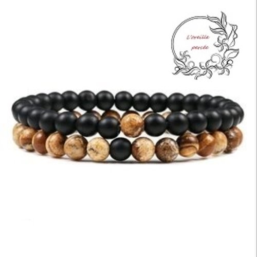 2 bracelets élastiques pierre naturelle noire/marron