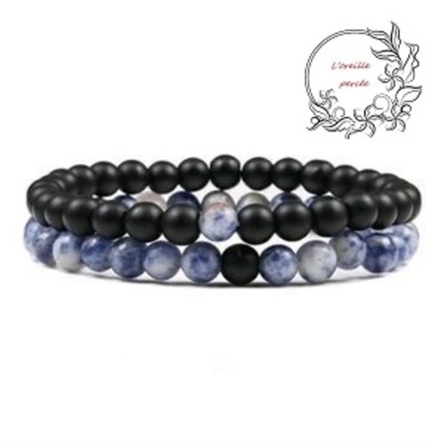 2 bracelets élastiques pierre naturelle noire/bleu