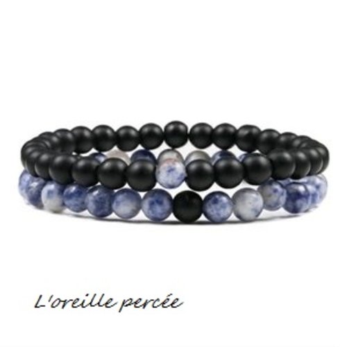 2 bracelets élastiques pierre naturelle noire/bleu
