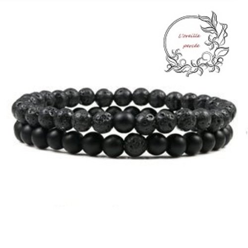2 bracelets élastiques pierre naturelle noire/cratère