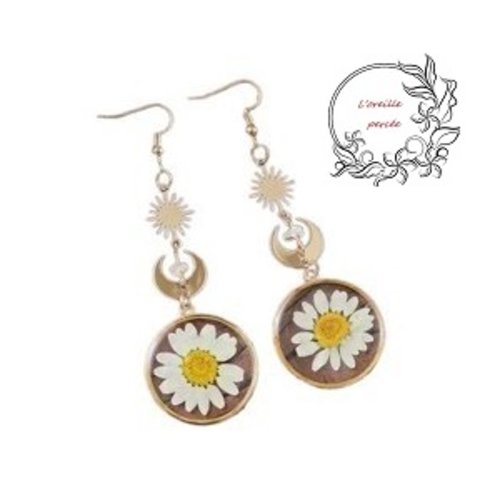 Boucle d'oreille marguerite, sa lune et son étoile