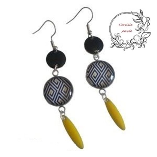 Boucle d'oreille cabochon motif géométrique et ses pampilles émail