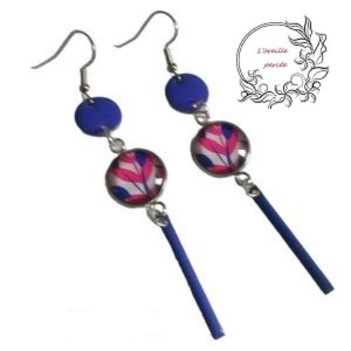 Boucle d'oreille cabochon motif feuille et ses pampilles émail