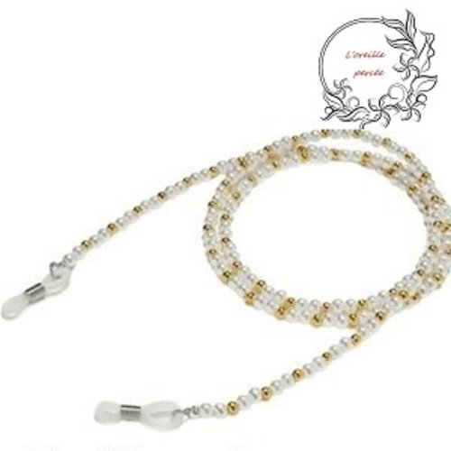 Attache lunette perles rondes blanches/dorées