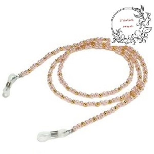 Attache lunette perles rondes roses/dorées