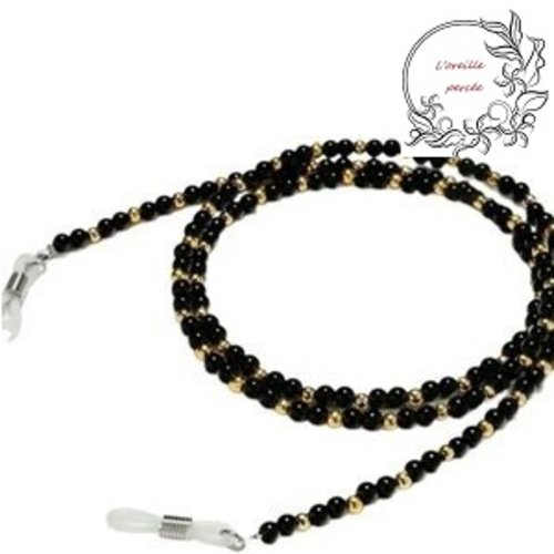 Attache lunette perles rondes noires/dorées